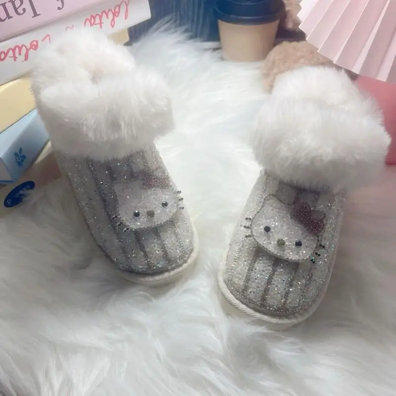 

Sanrio Hello Kitty зимние сапоги для девочек, новые детские блестящие повседневные хлопковые туфли со стразами, удобная нескользящая обувь на мягкой подошве, толстая