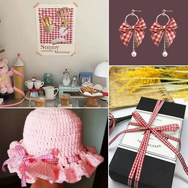 5 jardów bawełniany materiał w kratkę wstążki na ślub dekoracje na przyjęcie świąteczne prezenty zawijanie kokarda DIY Hair Craft Plaid wstążki Card