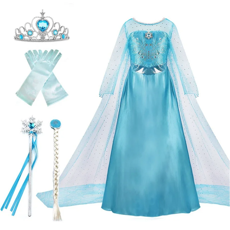 Elsa Princess Dress for Girls 4-10 Yrs Carnival Birthday Party Dress Halloween Children Cosplay Costume Snow Queen Kids Clothes