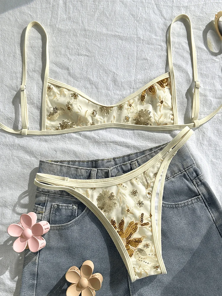 2026 Women Beige Floral Embroidery Pleate Push Up Hollow Out Thong Swimsuit Beach Bathing Suit Swimwear Sexy Sequin Bikini Set