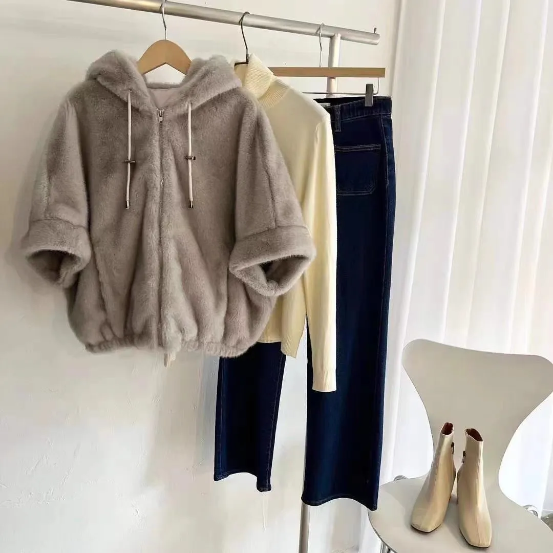 

Women's Autumn Winter Casual Hooded Zipper Loose Faux Mink Hairt Vest Jacket Lady Warm Sleeveless Faux Fur Short Outwear Top
