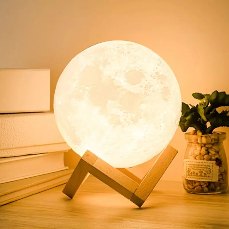 LED Night Light 3D Printing Moon Lamp with Stand 8CM/12CM Battery Powered  Table Lamp Bedroom Decor Starry Moon Light for Kids