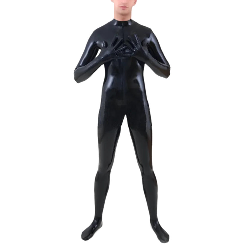 

Sexy Latex Gummi Mans Catsuit Rubber Fetish Full Suit Bodysuit with Gloves Socks Front Zip Jumpsuit Handmade Clothing RLCM079