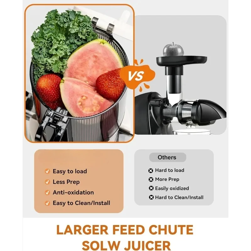 Cold Press Juicer Slow Masticating with Feed Chute Fit Whole Fruits Vegetables Easy to Clean