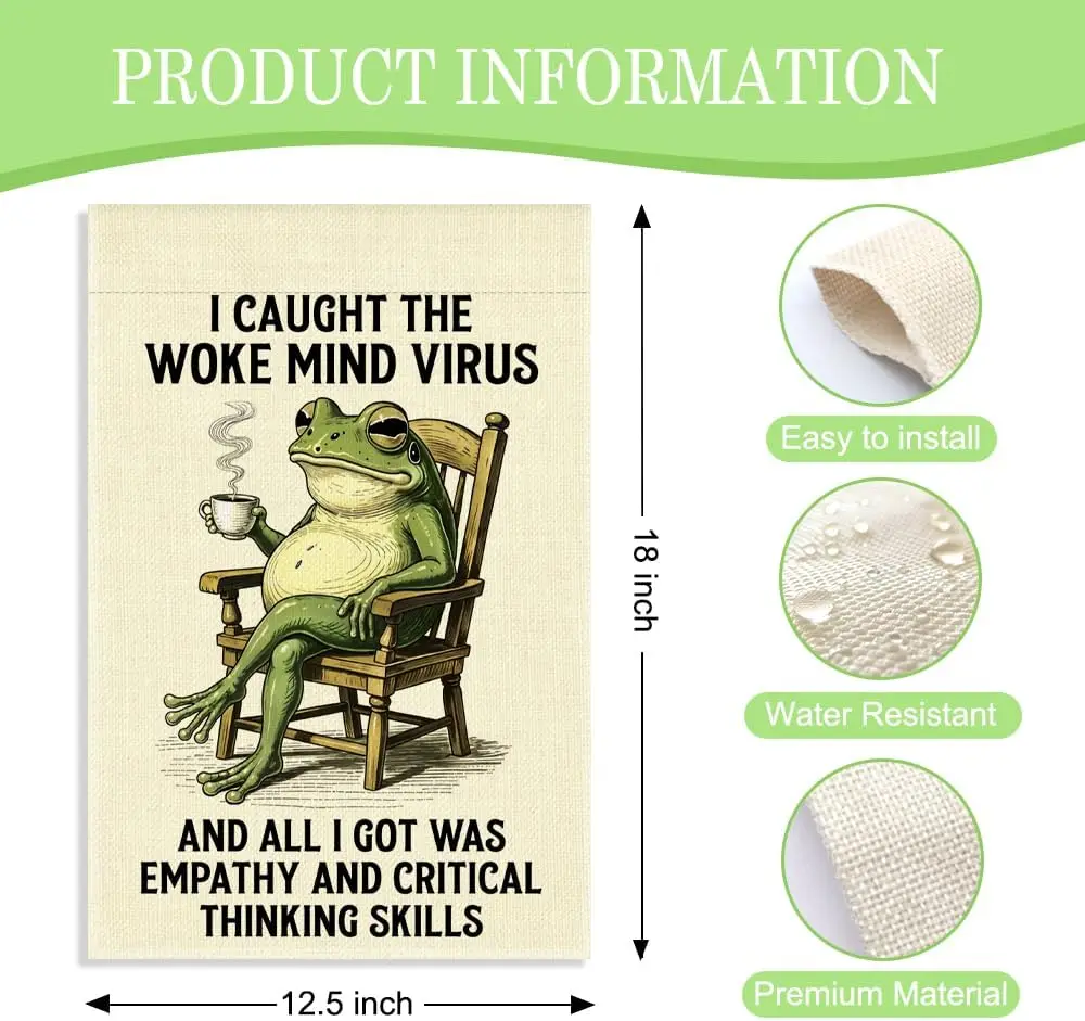 I Caught the Woke Mind Virus Garden Flag 12 x 18 Inch Double Sided Outdoor Yard Decor, Funny MAGA Empathy Frog Sign, Liberal AAS