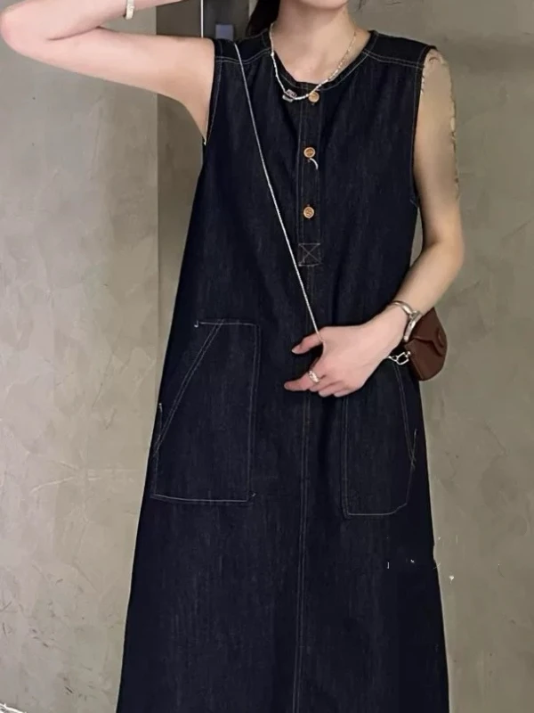 Retro runde Ne Weste Dr frauen Sommer Neue Koreanische Version Abnehmen Denim Langen Rock A-Line Silhouette No-Sve lange Dr