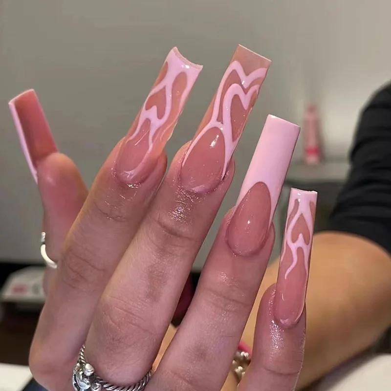 24Pcs Gold Leaf Wearable Coffin Fake Nail Tips with Ink Fainting Designs Long Ballerina False Nails Press on Nails Art Manicure
