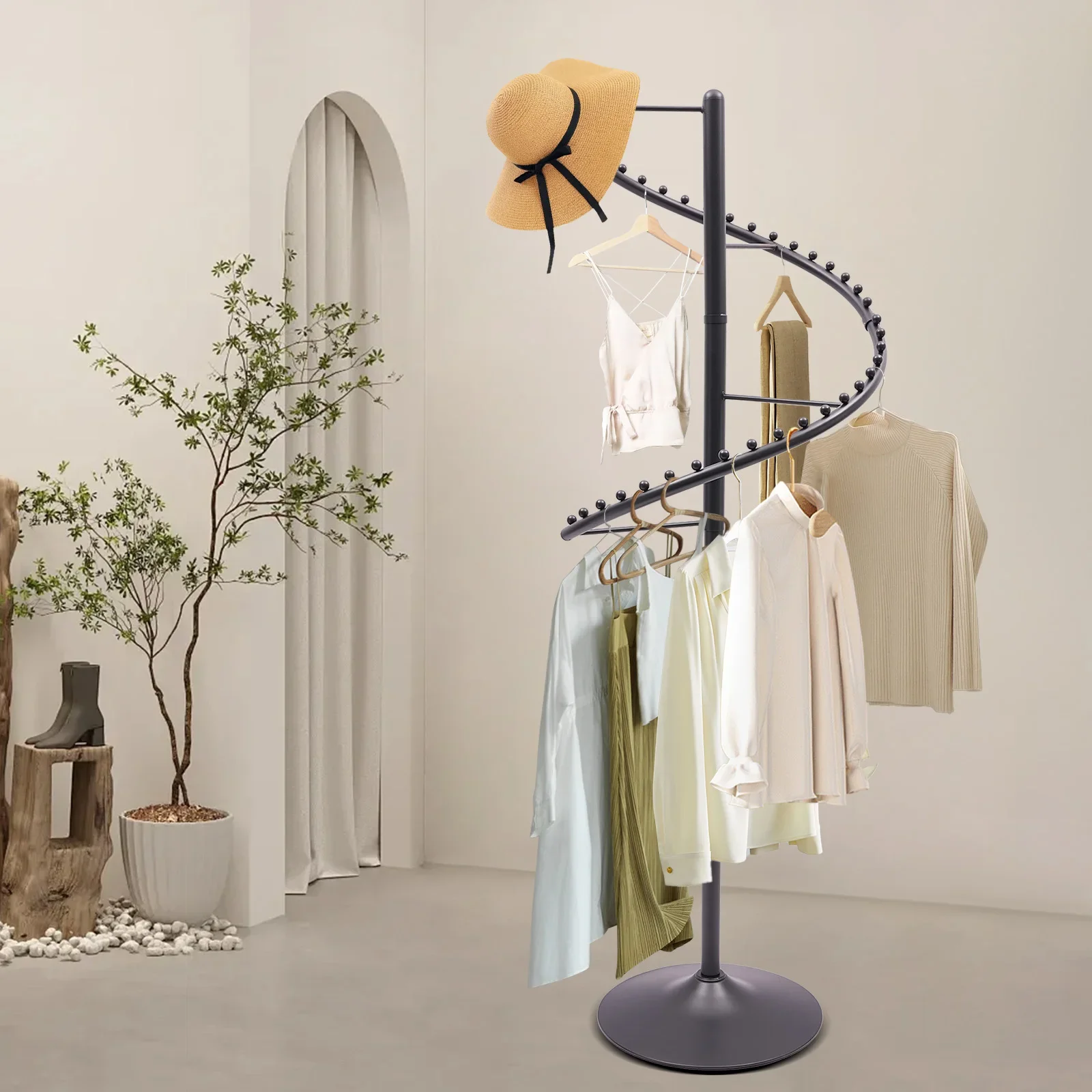 

360 ° Вращающаяся вешалка для одежды, напольная подставка со спиральным дизайном, портативная вешалка для одежды для современного дома и органайзера для шкафа, высота 5,91 фута