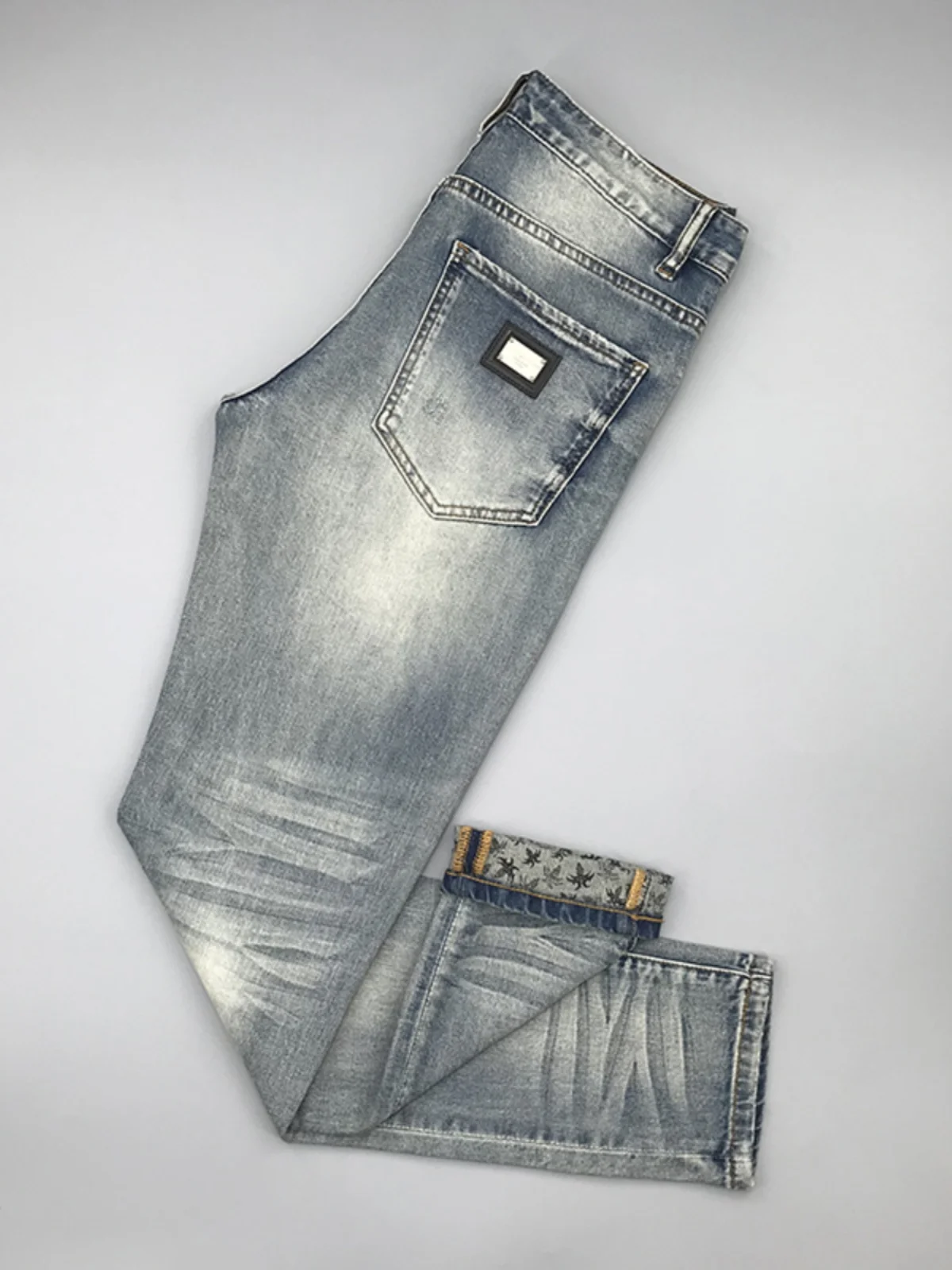 

High-End American Sle Patchwork Denim Jeans Men's Slim Fit Blue Waed Long Pants Trendy Tear-Wear Cotton Stretch Denim