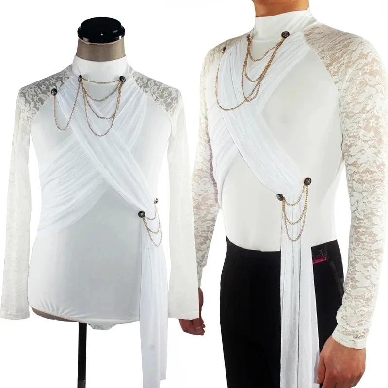 

DY20Латинские танцевальные рубашки мужские с кружевным принтом и длинным рукавом для ча-ча-румбы, самбы, танцевальный топ с высоким воротником, мужской топ для соревнований, танцев