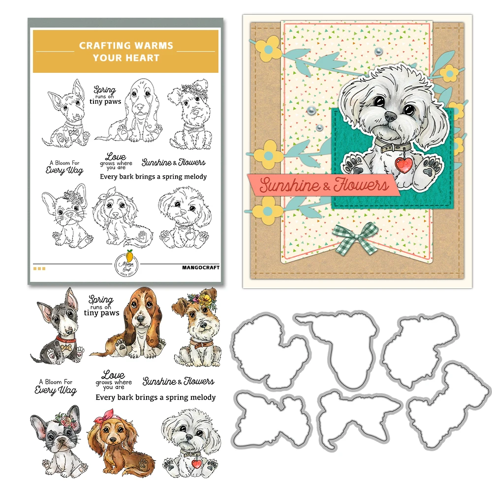 Mangocraft Cute Love Puppy Dogs Cutting Dies Clear Stamp Spring Day DIY Scrapbooking Metal Dies Silicone Stamp For Cards Albums