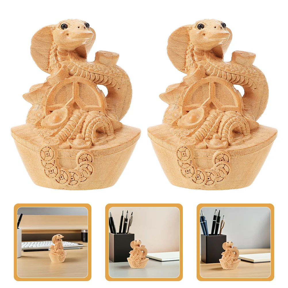 

2 PCS Zodiac Snake Ornament Small Figurines Hand-carved Statue Feng Shui Sculpture Desktop Simulated Prop Wooden