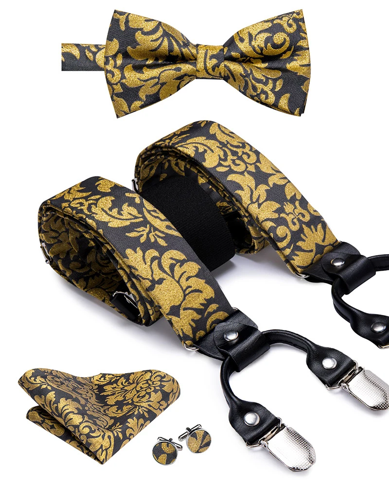 Hi-Tie Silk Adult Men suspenders Set Leather Metal 6 Clips Braces Gold Floral Vintage Men's fashion Elastic Wedding Suspenders