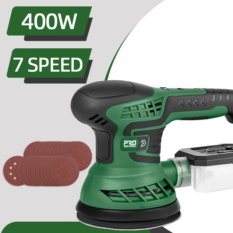 400W Random Orbit Sander 7 Variable Speed 13000RPM Orbital Sander 12Pcs Sandpapers Strong Dust Collection System PROSTORMER