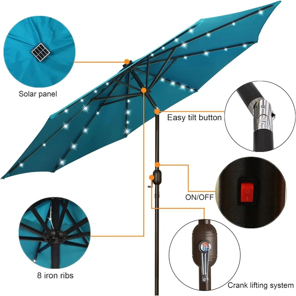 BLISSUN-Parapluie solaire à 32 LED avec inclinaison et manivelle, parapluie d'extérieur pour jardin, marché de table