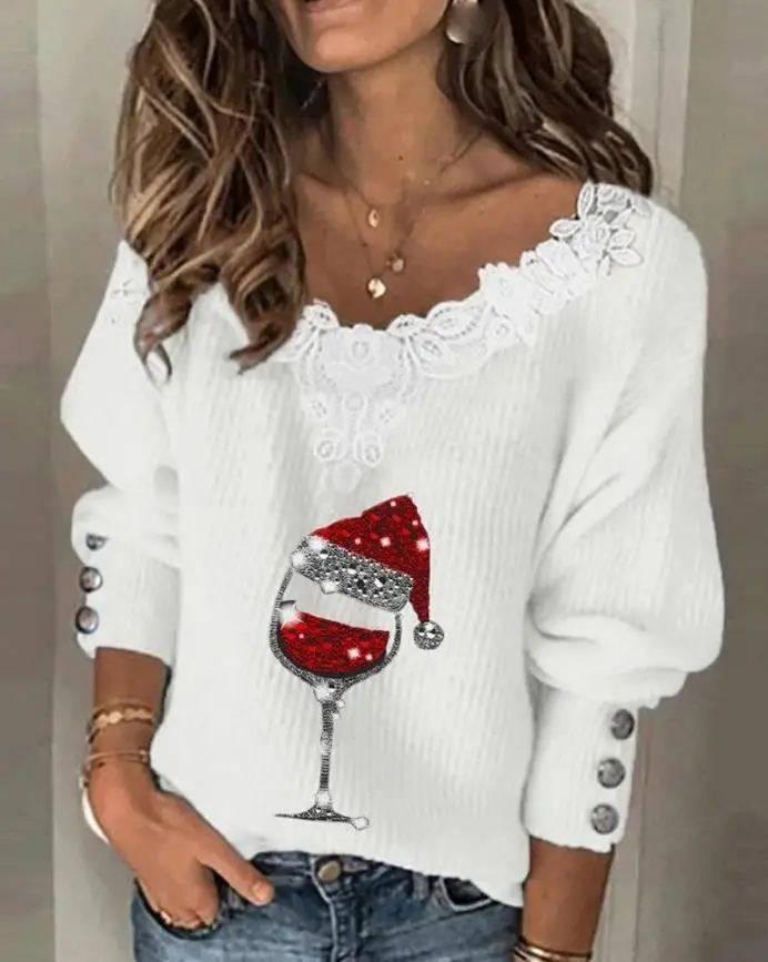

Women Christmas Wine Glass Print Lace Patch Long Sleeve Top 2026 Femme Long Sleeve Casual Lady Blouse New Casual T Shirt