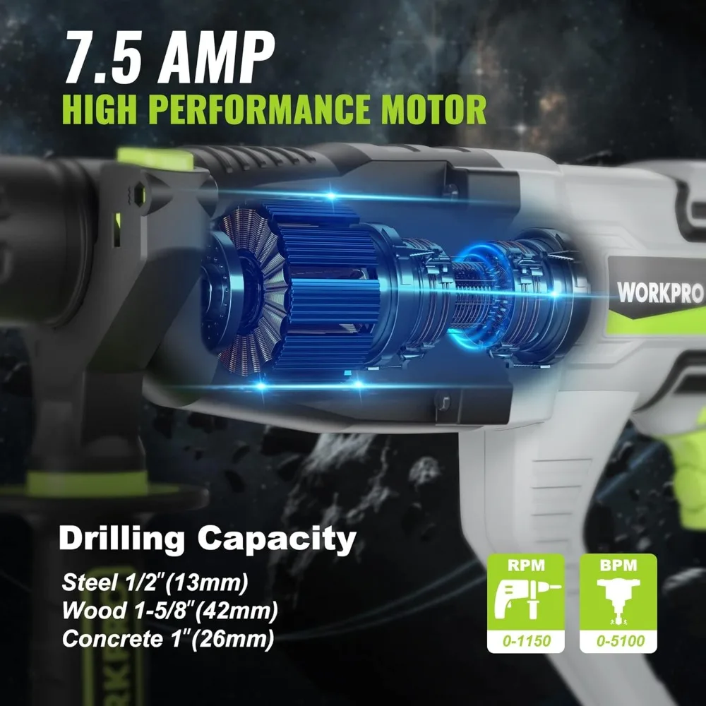 1-1/4 Inch SDS-Plus Rotary Hammer Drill, 7.5AMP Lightweight Corded Concrete Demolition Tool with 5 Bits