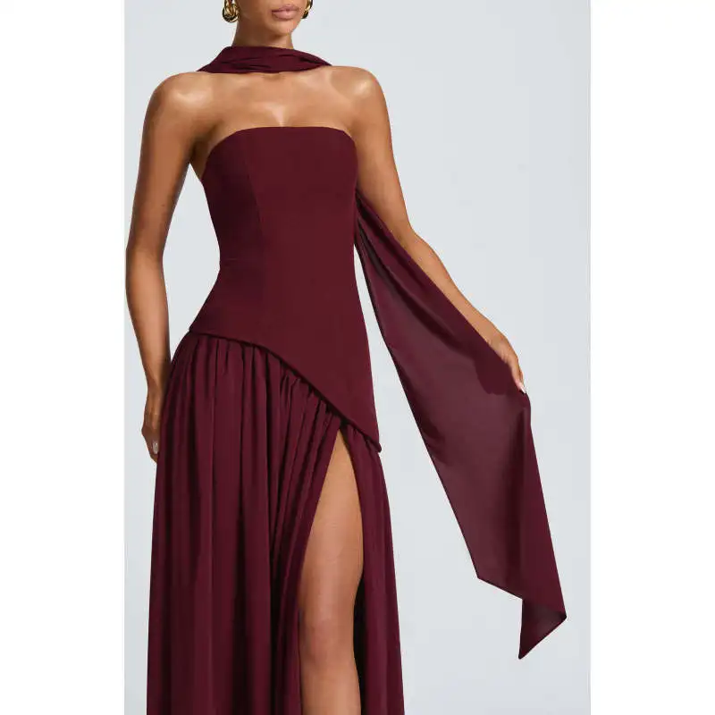 European and American sexy diagonal splicing slit dress with pleated strapless ribbon hanging neck long dress