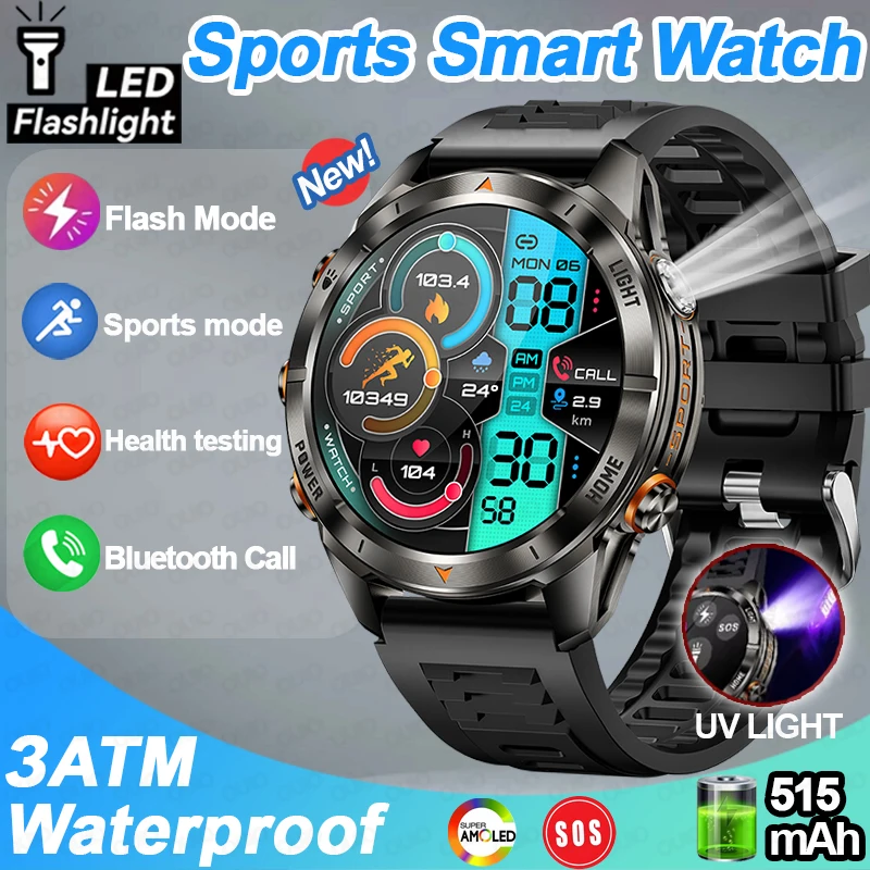 

2025 Спортивные Смарт-часы 3ATM Водонепроницаемые 1,46-дюймовый AMOLED-экран Светодиодный фонарик 515 мАч Батарея Сердечного ритма BT Call Мужские умные часы