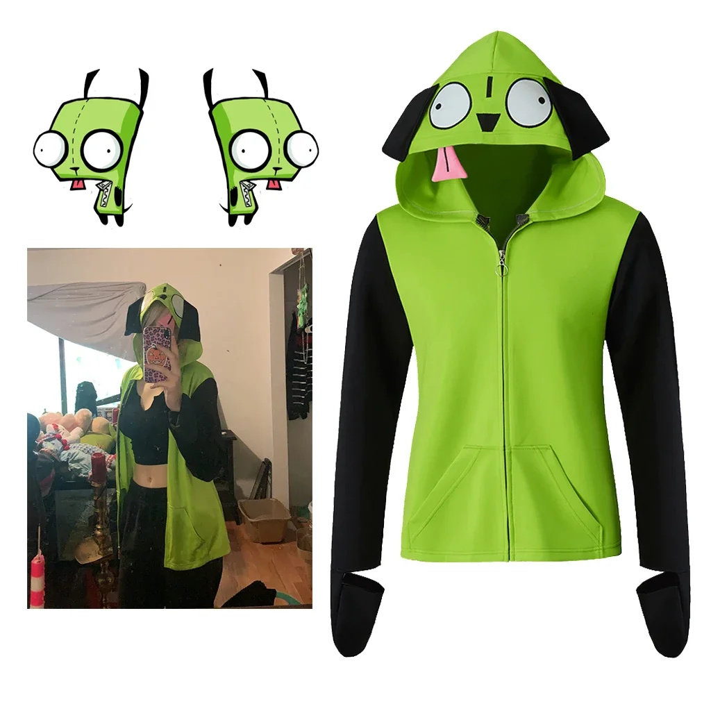 Anime Invaders Cosplay ZIM Cosplay Costume Green Hoodie Top Coat Adult Men\'s Halloween Zip-Up Coat