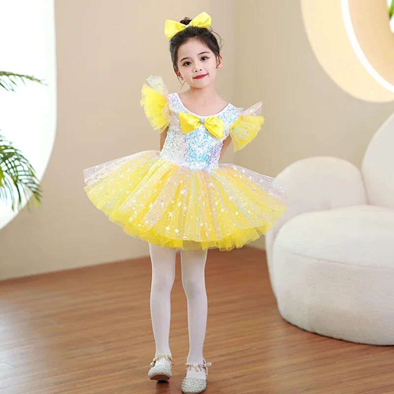 Gonna principessa sari con paillettes Costume da ballo per bambini abbigliamento da spettacolo scuola materna gonna gonfia carina vestiti da prestazione ragazze