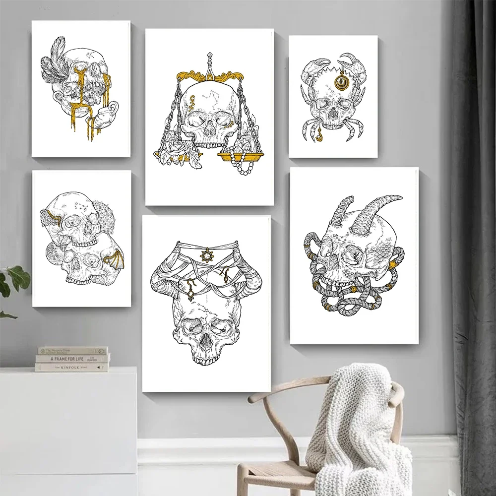 12 Zodiac Skull Posters Capricorn Gemini Cancer Leo Libra Sagittarius Constellation Canvas Painting Wall Art Pictures Home Decor