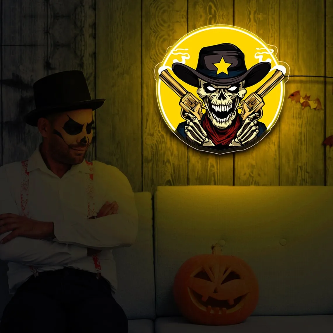 Howdy Crânio e Cowboy Neon Sign Hat, Dia das Bruxas, Cowboy, Parede esqueletal, Café, Parede, Arte, Decoração de paredes, Texas, Neon Sign Gothi