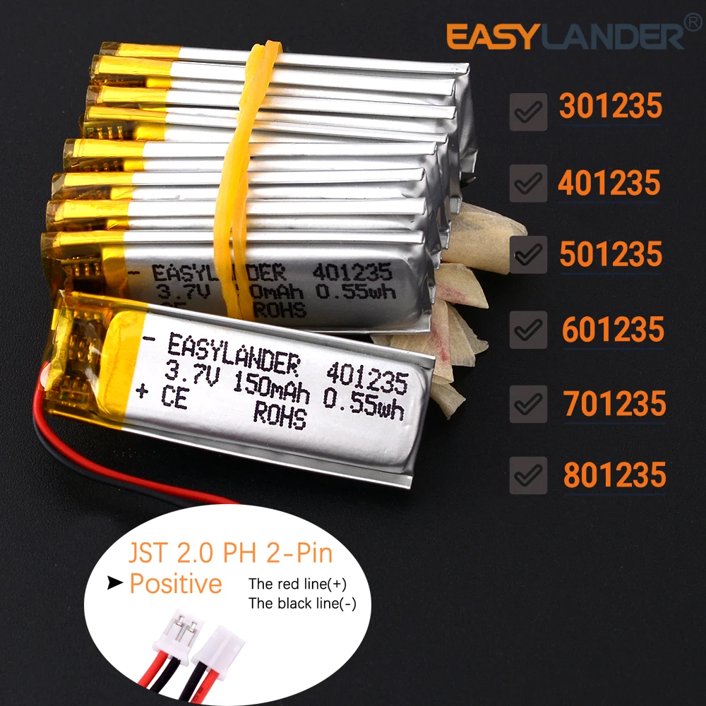 10 ピース/ロット JST2.0mm 2Pin 301235 401235 3.7V 501235 601235 701235 801235 充電式リポポリマーリチウムイオン電池