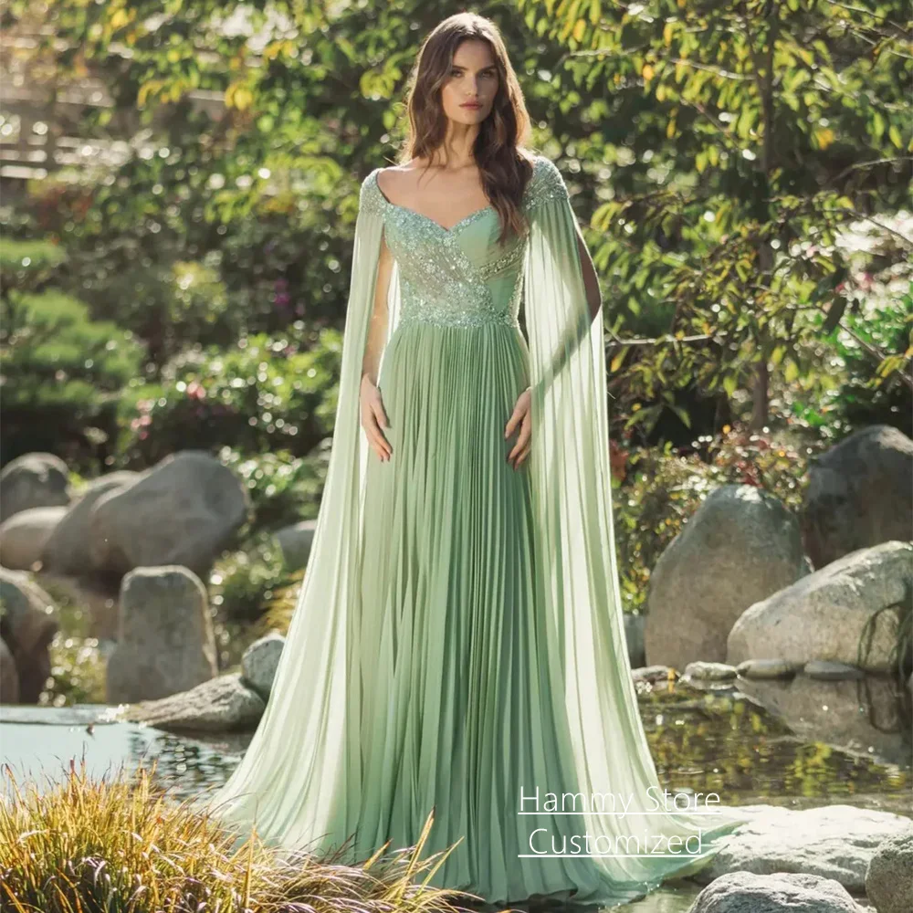 

Customized Evening Dress Romantic Cap Sleeve V Neck Beading Sequined Pleat Chiffon A Line Woman Prom Gown Party Dresses
