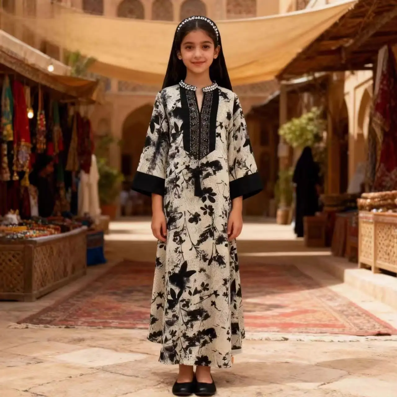 

Girl's Loose Printed Nail Bead Elegant Dress Suitable for Middle Eastern and Western Styles