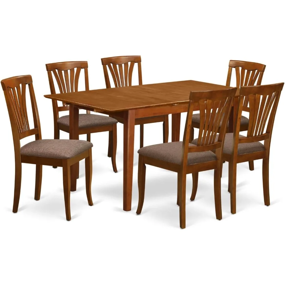 7 Piece Modern Dining Set Consist of A Rectangle Wooden Table with Butterfly Leaf and 6 Linen Fabric Upholstered Chairs