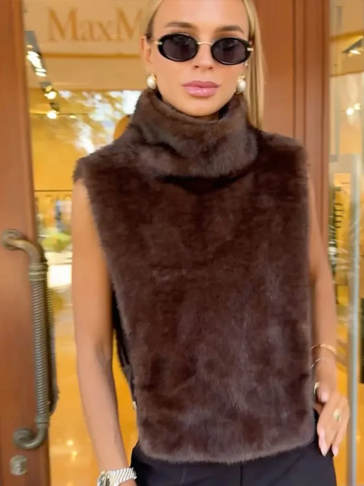 Женский однотонный утепленный меховой жилет, модное розовое свободное короткое пальто без рукавов с высоким воротом, осенняя новая шикарная уличная женская верхняя одежда