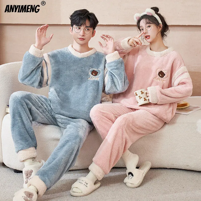 Winter Couple Fashion Pajamas Soft Plush Thick Pajama for Lovers Kawaii Korean Pijamas Bear Printing Sleepwear Loose Nightwear