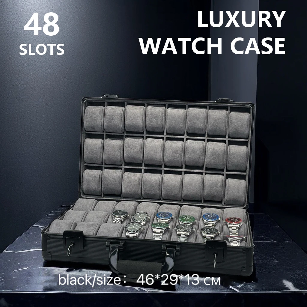 48 Slot Luxury Aluminum Watch Storage Box Portable Large Capacity Watch Display Box With Separated Velvet Fabric
