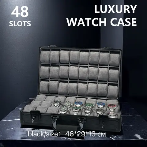 48 슬롯 럭셔리 알루미늄 시계 보관함 휴대용 대용량 시계 디스플레이 박스 분리형 벨벳 패브릭 포함