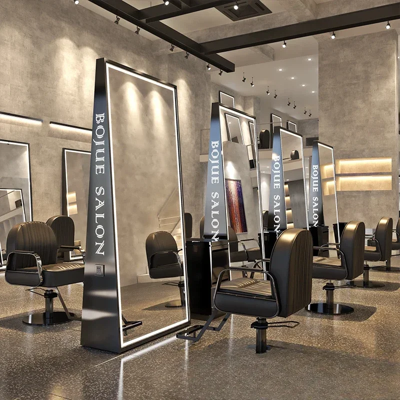 Barber shop mirror stand single and double-sided floor-to-ceiling mirror hair salon mirror with lamp stainless steel haircut mir