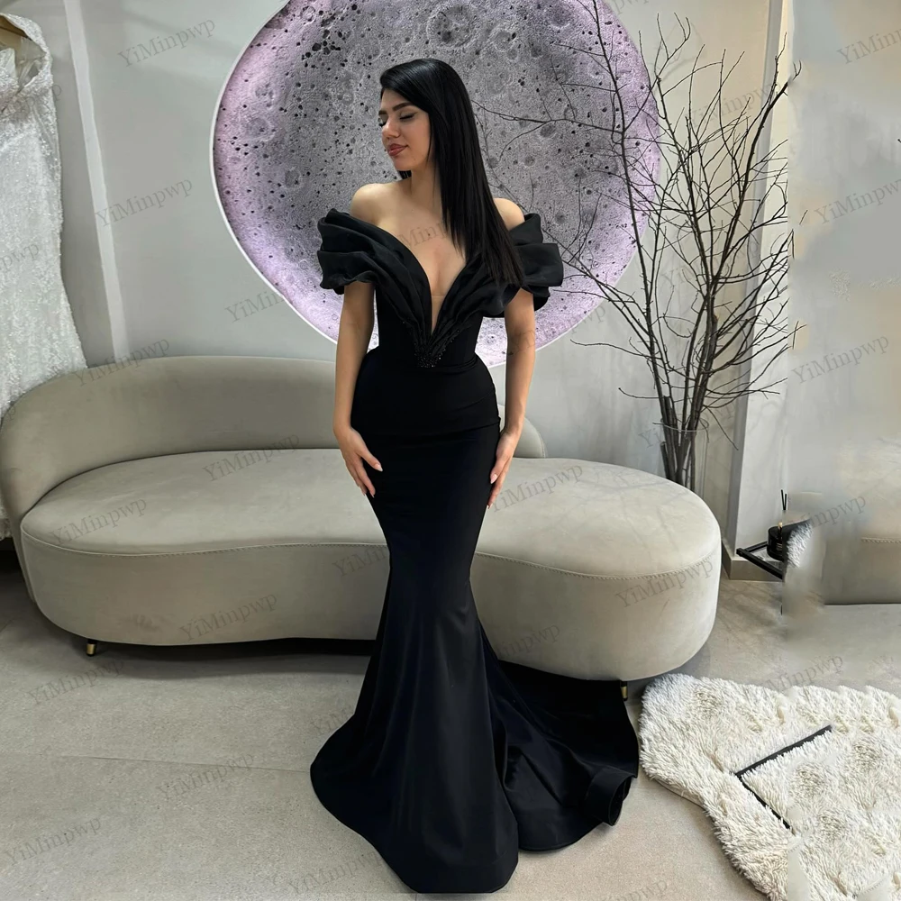 

Off Shoulder Evening Dress 2025 Luxury Mermaid Beading Black Party Dresses ساتين سهره نسائيه فخمة براند