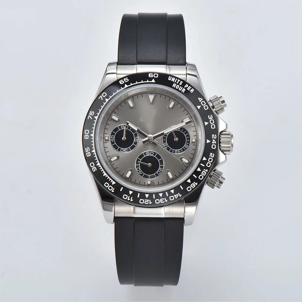 

40mm VK63 quartz men's silver silicone strap watch mechanical chronograph 316L stainless steel sapphire glass green luminous dia