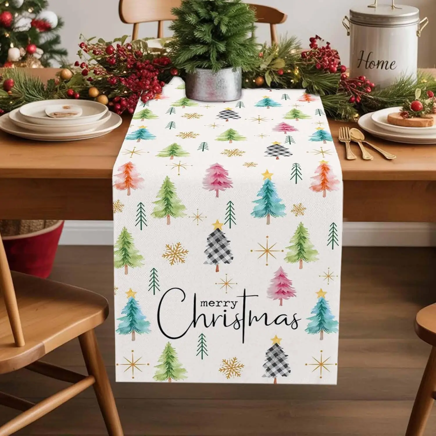 

Christmas Tree Colorful Winte Linen Table Runners Dresser Scarf Decor Winter Holiday Dining Table Runners Navidad Decorations