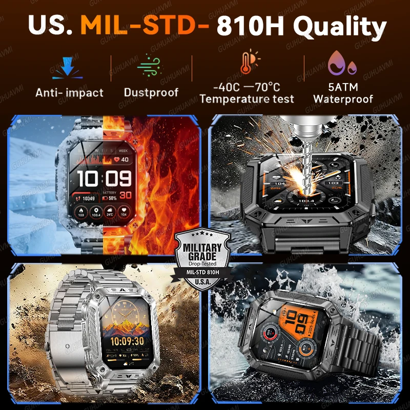 

New Outdoors Durable 1400mAh Big Battery SmartWatch 5ATM Waterproof LED Sports Flashlight Bluetooth Call Men Military Smartwatch