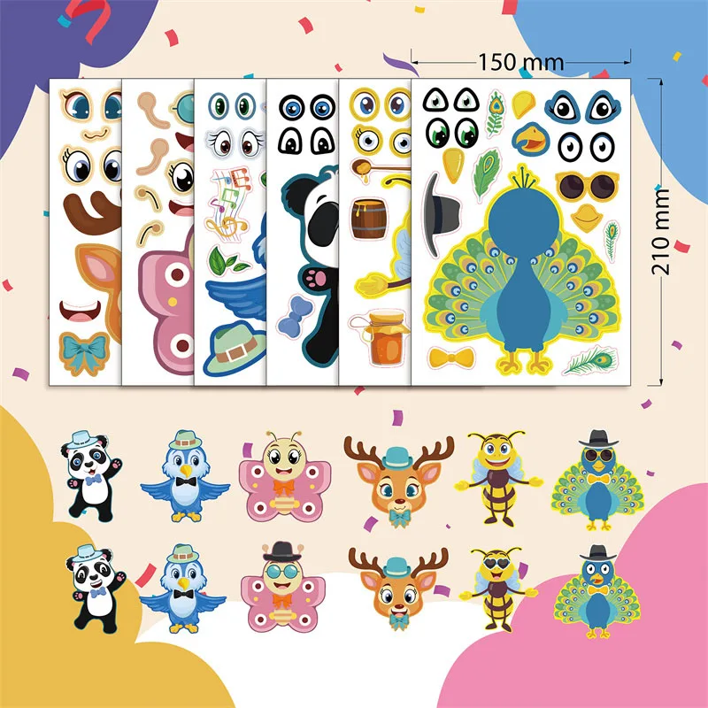 6/12/24Sheets Kids DIY Make A Face Stickers Creative Make Your Own Panda Bird Bee Animal Sticker Puzzle Jigsaw Boys Girls Gifts