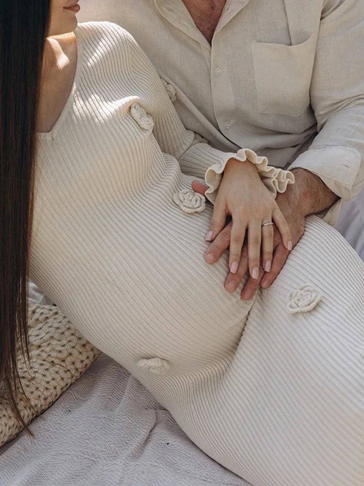 فستان حمل التقطت الصور العاج متماسكة الرجعية الخامس الرقبة جرس كم ثلاثية الأبعاد الأزهار الحمل ثوب طويل الأكمام فستان الحمل التصوير #6