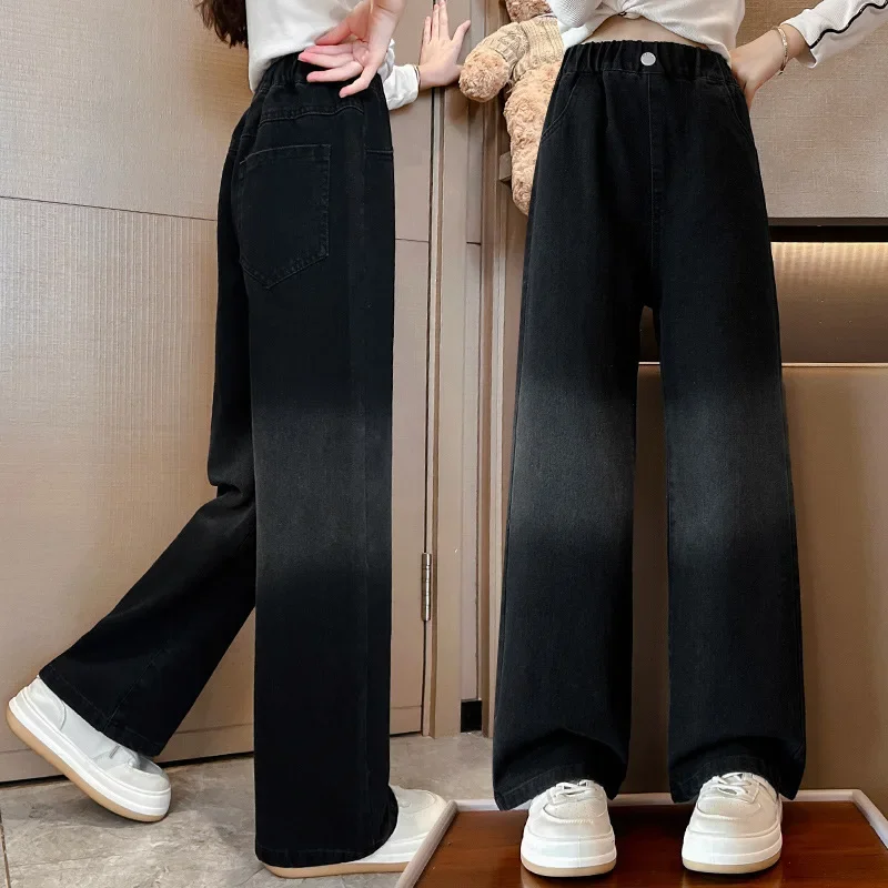 

Girls Autumn Pants 5-16Years Girls High Quality Jeans Black Color Gradient Straight Wide Leg Pants Fashion All-Match Girls Jeans