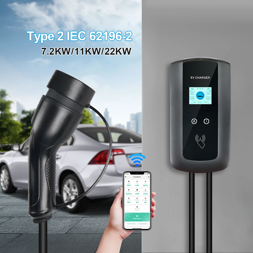 Kolanky ev ladegerät 32a 7,6 kw elektro fahrzeug auto ladegerät app steuerung evse wallbox 11kw 22kw 3phase mit typ2 IEC62196-2 stecker