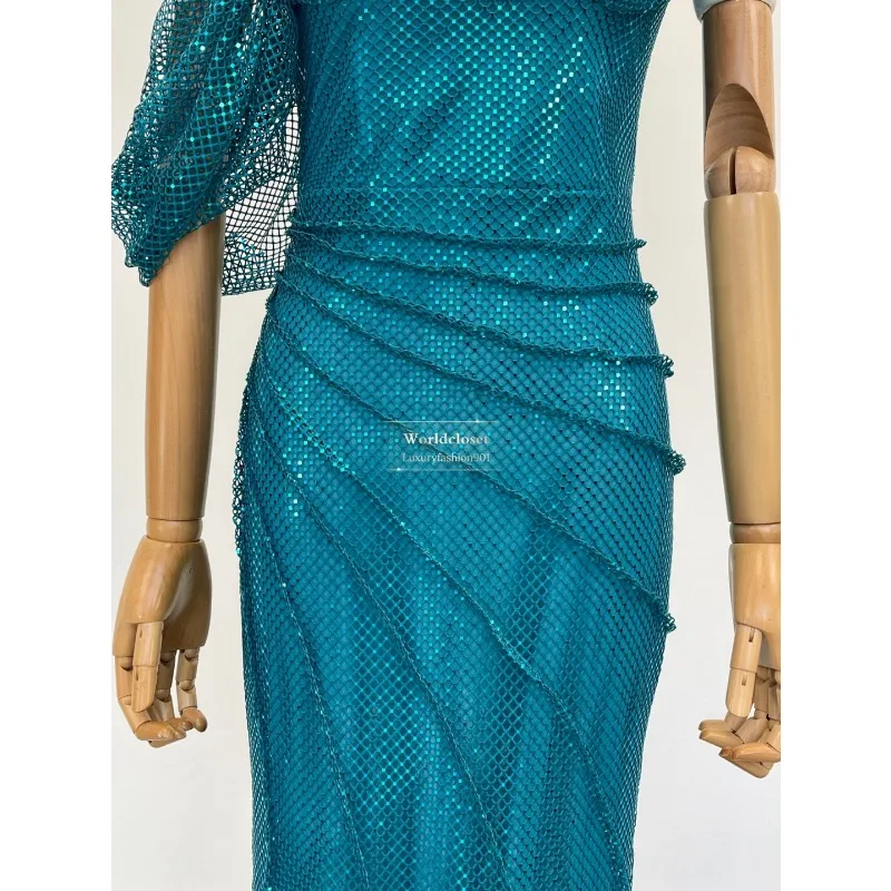 ชุดเดรสยาวทรงหลอดเปิดหลังผ้าตาข่ายสีน้ำเงินประดับเพชรสำหรับงานปาร์ตี้ คุณภาพสูง