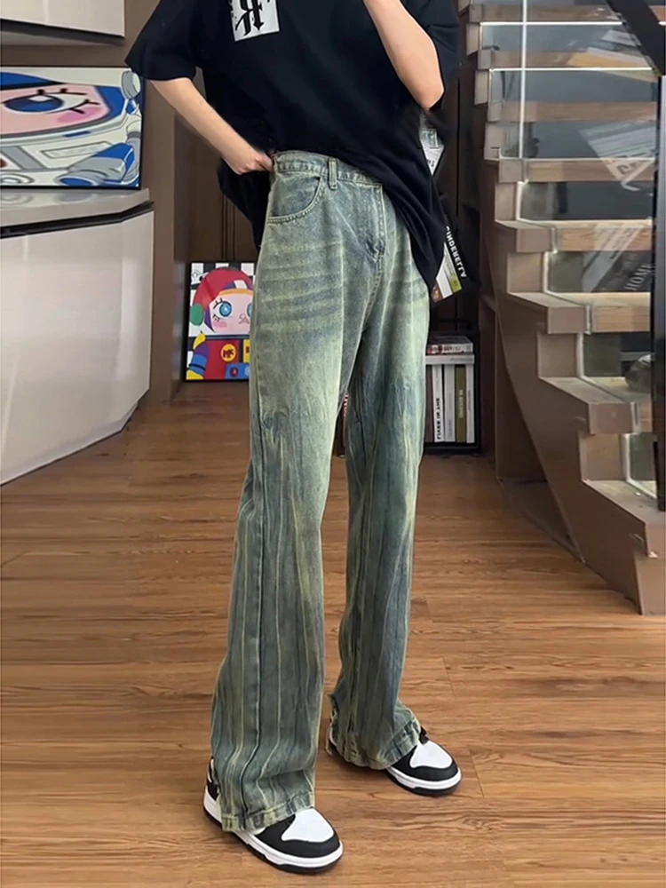 

Мужские джинсы в американском ретро-стиле с бамбуковым узором, прямые, с высокой талией, расклешенные, модные, для уличной моды, молодежные, не требующие особого ухода