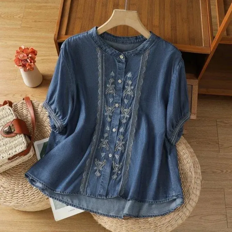 

Women Vintage Tencel Denim Shirt Summer Embroidery Short Sleeve Stand Collar Loose Casual Blouse