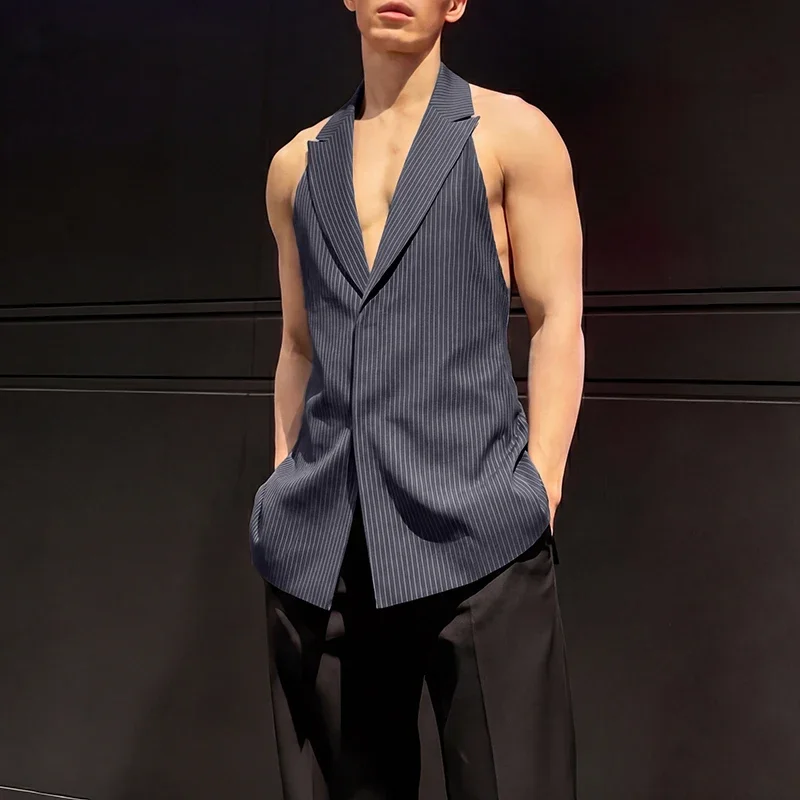 INCERUN Men's Vests Striped V Neck Sleeveless Backless Hollow Out Male Waistcoats Streetwear 2026 Fashion Lace Up Vests For Man