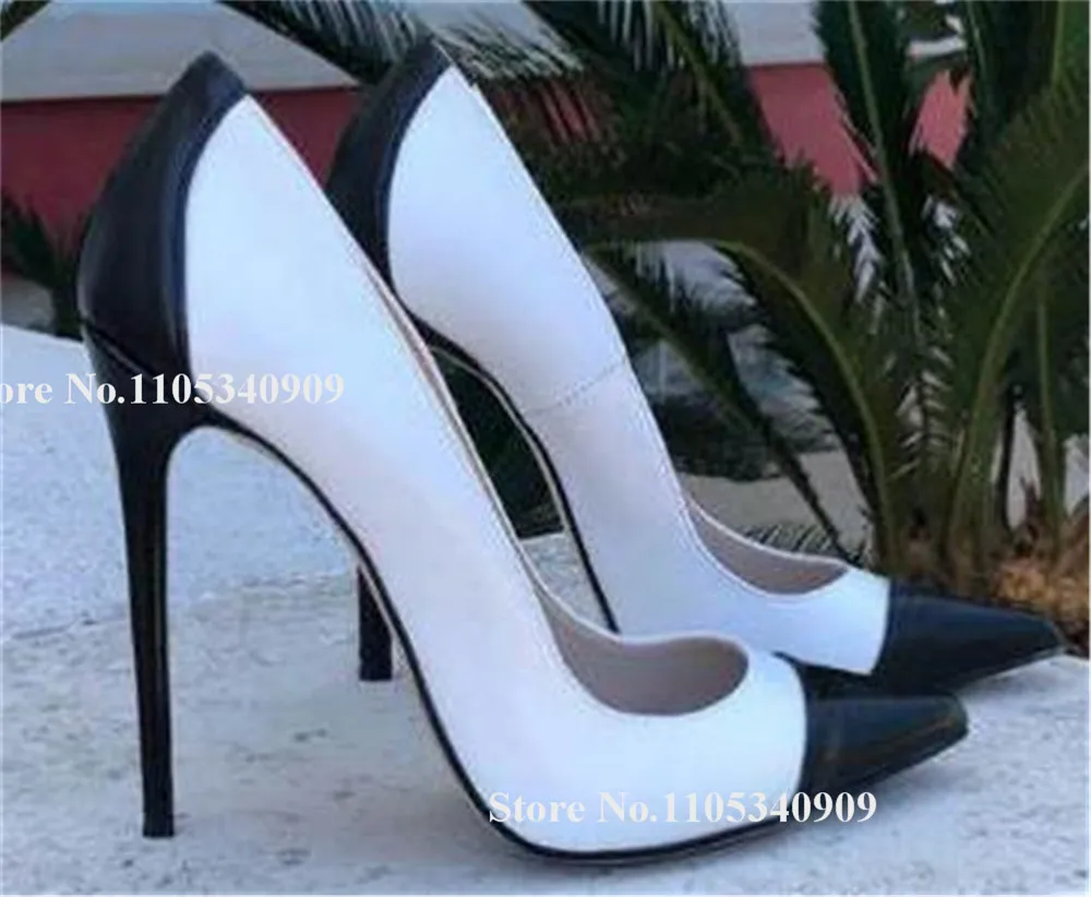 

Bondarenko Patchwork White-black Stieltto Heel Pumps Pointed Toe Slip-on 12cm Mixed-colors Thin Heel Dance Shoes Big Size Heels