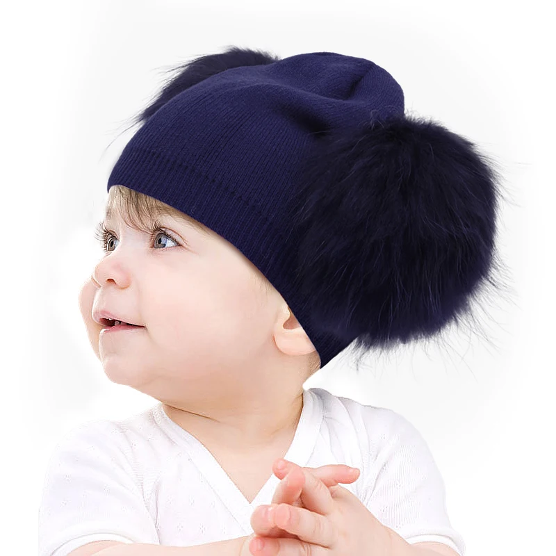 Baby Girls Boys Winter Children Wool Hats With Double Real Fur Pompon Kids Cap Thick Warm Knitted Beanies Outdoor Windproof Hats